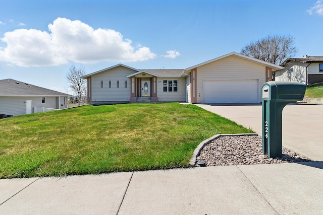 ranch-style house with an attached garage, driveway, and a front lawn