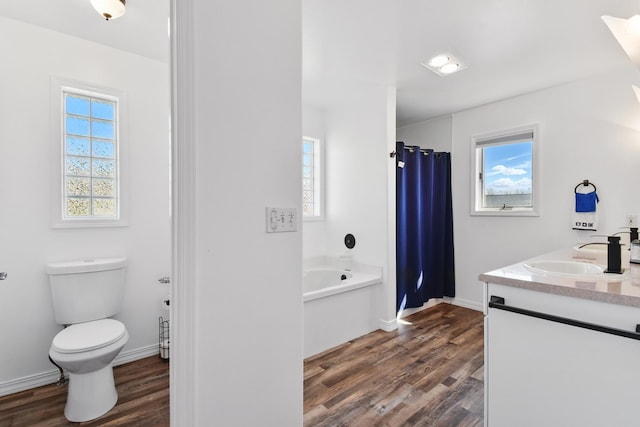 full bath featuring toilet, a bathtub, wood finished floors, and vanity