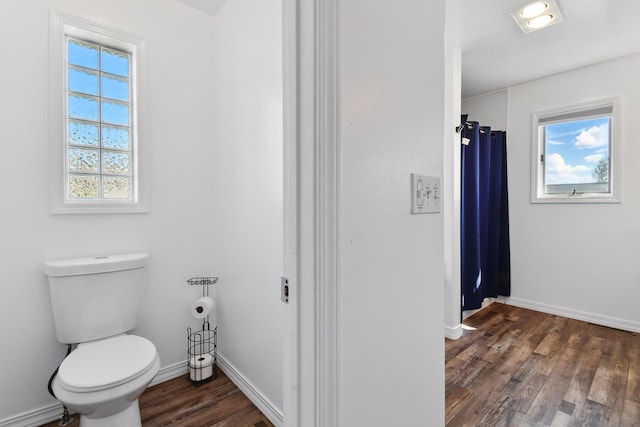 full bath featuring baseboards, wood finished floors, a healthy amount of sunlight, and toilet