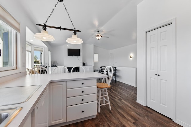 kitchen with white cabinets, a kitchen bar, dark wood-style floors, and lofted ceiling