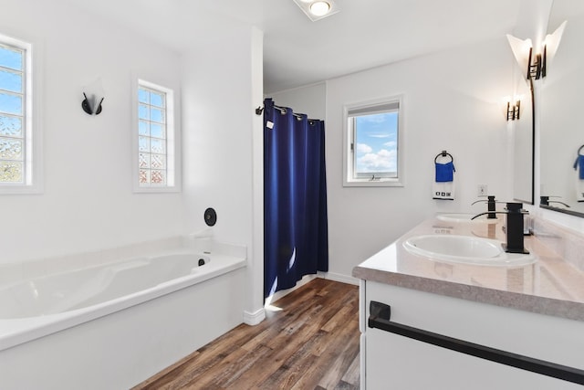 full bathroom featuring a garden tub, a sink, wood finished floors, and a healthy amount of sunlight