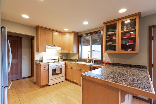 85 Martin Ln, Florence, MT 59833 - kitchen with white gas range oven, freestanding refrigerator, a sink, under cabinet range hood, and glass insert cabinets