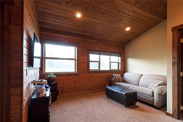 85 Martin Ln, Florence, MT 59833 - sitting room featuring wooden ceiling, carpet flooring, recessed lighting, vaulted ceiling, and wood walls