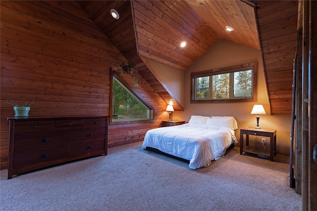 carpeted bedroom featuring recessed lighting, wood walls, vaulted ceiling, and wooden ceiling