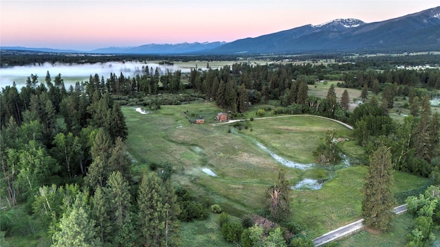 aerial view featuring a water and mountain view