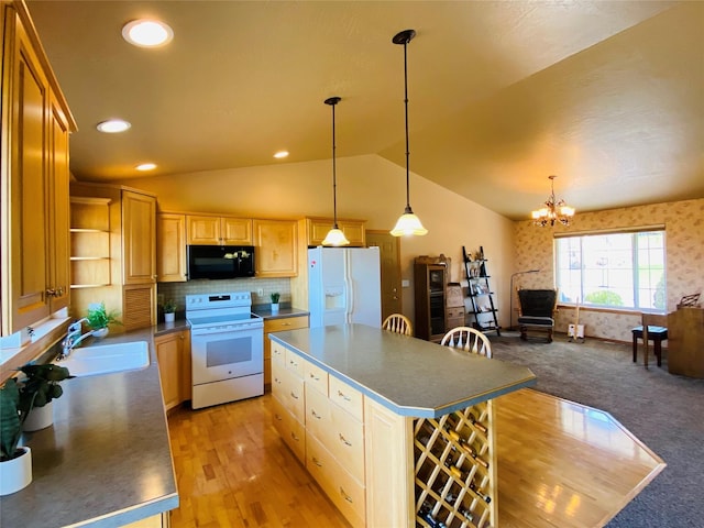 kitchen featuring dark countertops, open shelves, a sink, lofted ceiling, and white appliances