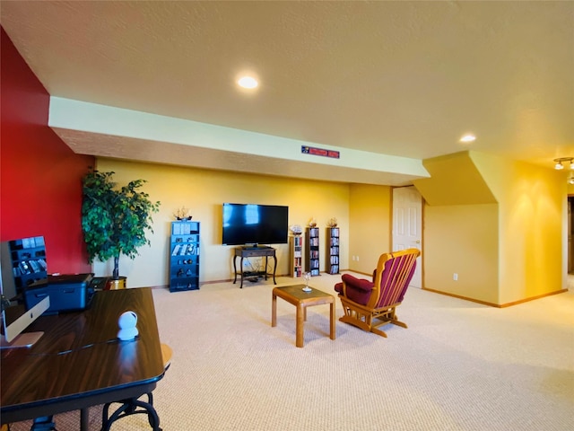 living room with baseboards, carpet flooring, and recessed lighting