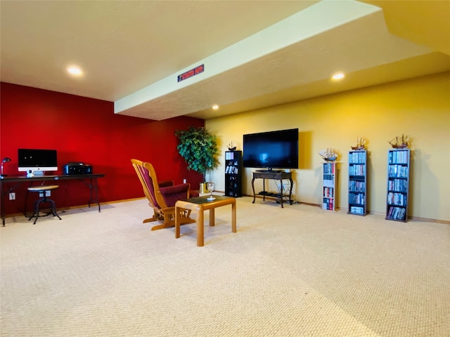 living area featuring baseboards, carpet flooring, and recessed lighting