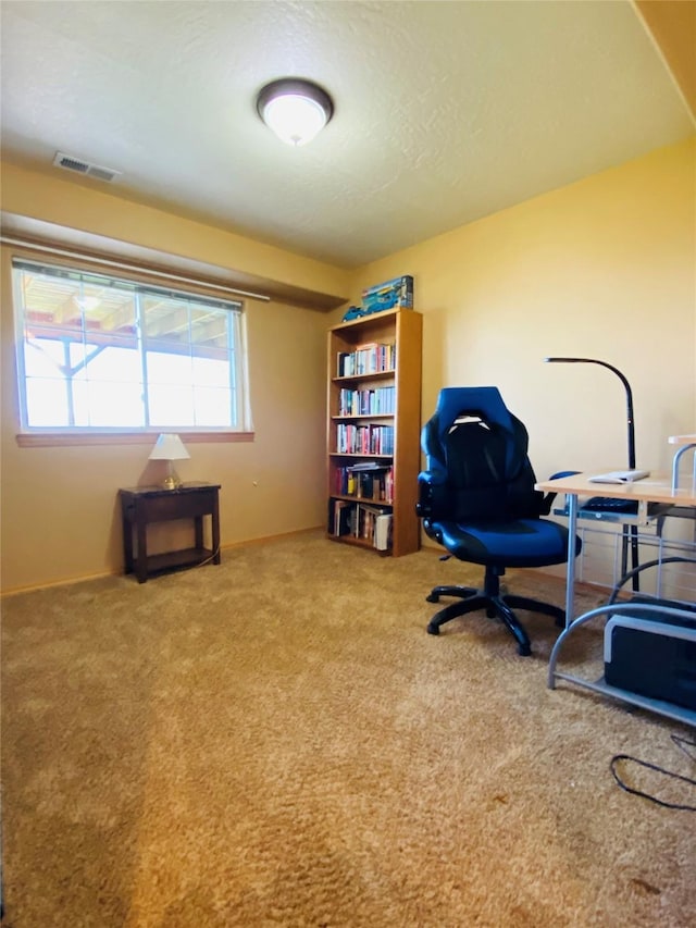 carpeted office space with baseboards and visible vents
