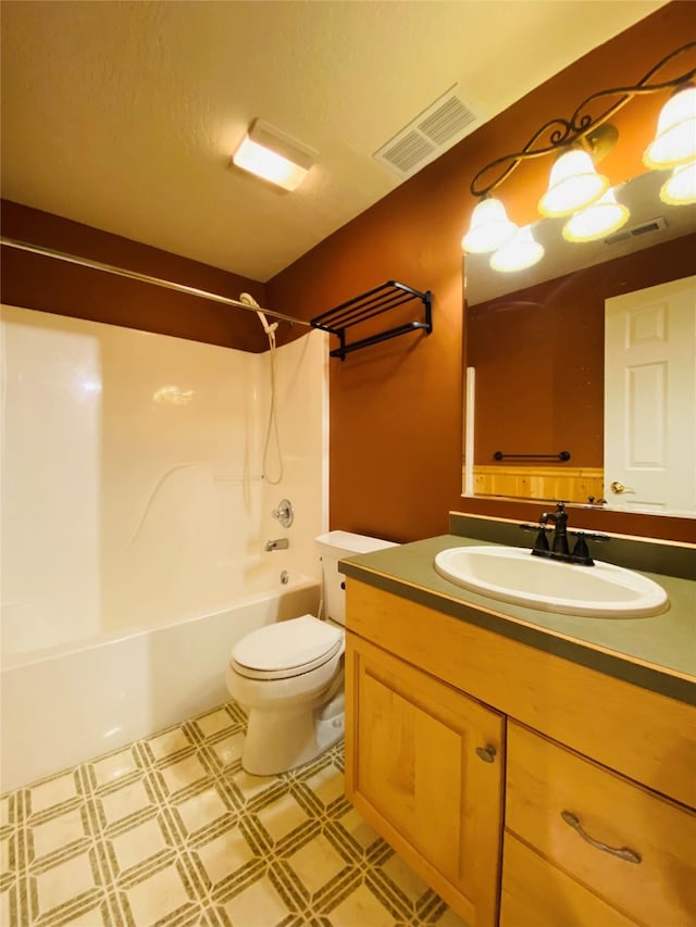 full bath featuring visible vents, washtub / shower combination, tile patterned floors, and toilet