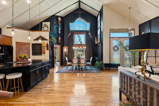 interior space featuring high vaulted ceiling and light wood finished floors