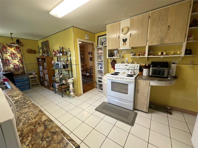 kitchen featuring white range with electric cooktop, open shelves, light tile patterned floors, a sink, and stainless steel microwave