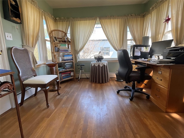 office with wood finished floors and a baseboard radiator