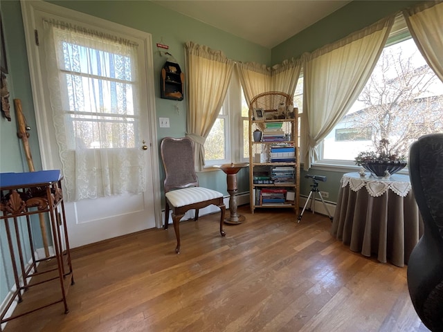 living area featuring wood finished floors and baseboard heating