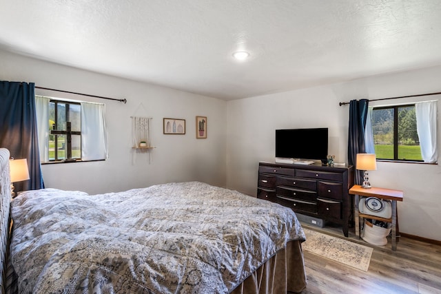 bedroom featuring baseboards, wood finished floors, and multiple windows