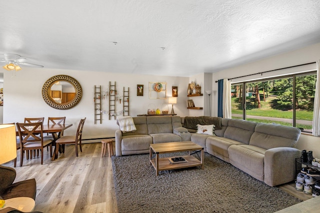 living room featuring light wood-style floors, ceiling fan, and a textured ceiling