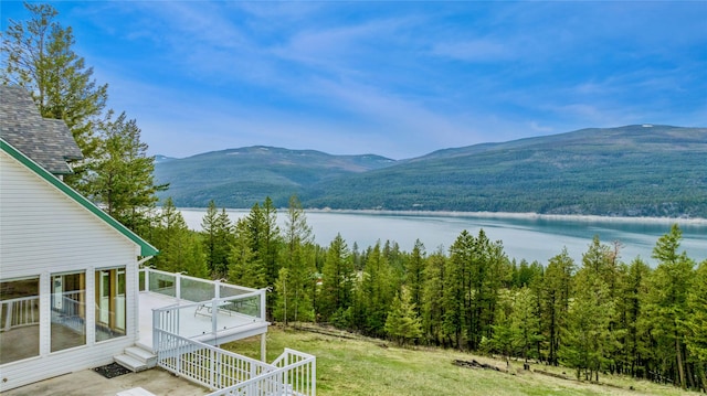 property view of mountains with a water view and a wooded view