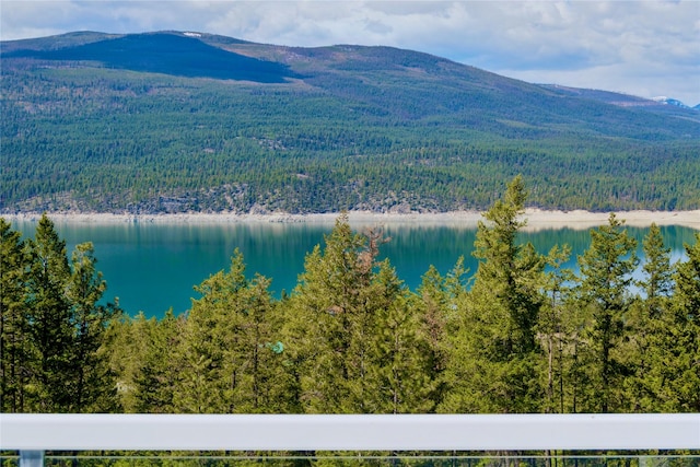 view of water feature with a wooded view and a mountain view