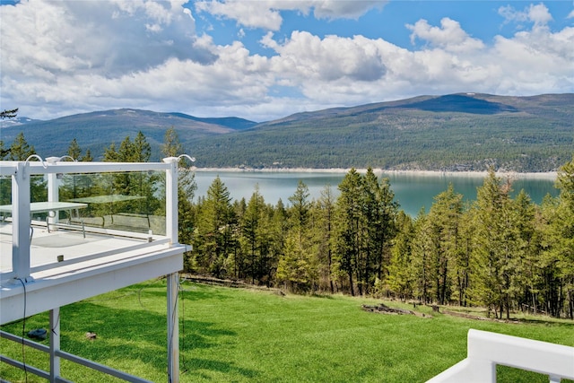 view of mountain feature with a water view and a view of trees