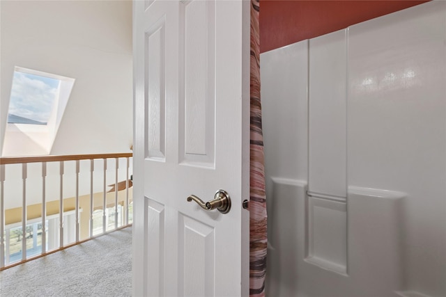 interior details featuring carpet flooring and a skylight