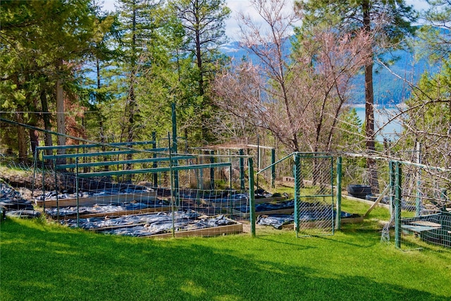 exterior space with fence, a yard, and a garden