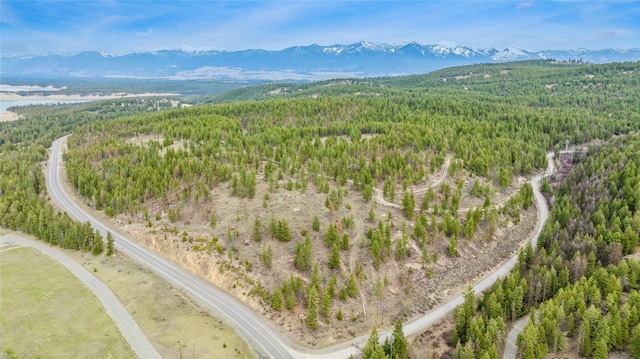 drone / aerial view featuring a forest view and a water and mountain view