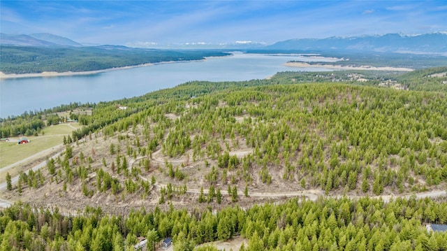 aerial view with a water and mountain view and a view of trees