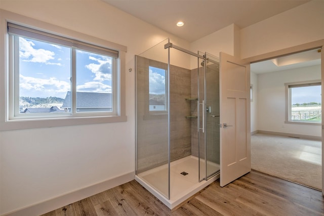 5498 Thimbleberry Loop, Helena, MT 59602 - bathroom with baseboards, a stall shower, recessed lighting, and wood finished floors