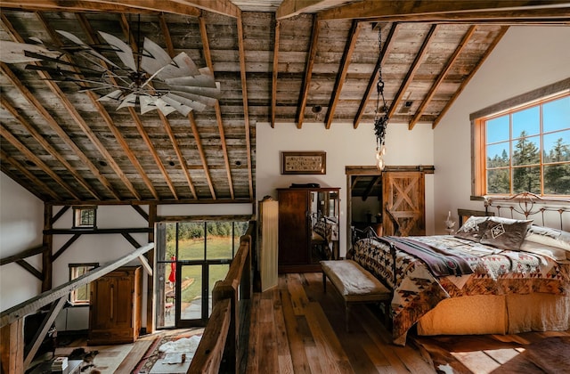 unfurnished bedroom featuring lofted ceiling with beams, wood ceiling, and hardwood / wood-style flooring