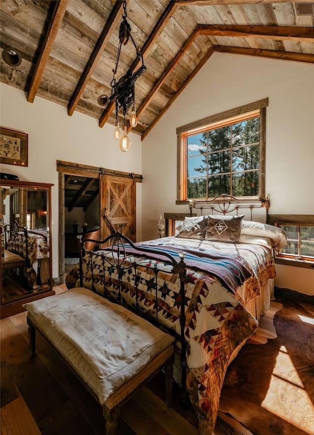 bedroom with wooden ceiling, vaulted ceiling with beams, and hardwood / wood-style flooring