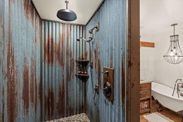 bathroom with a soaking tub and a shower