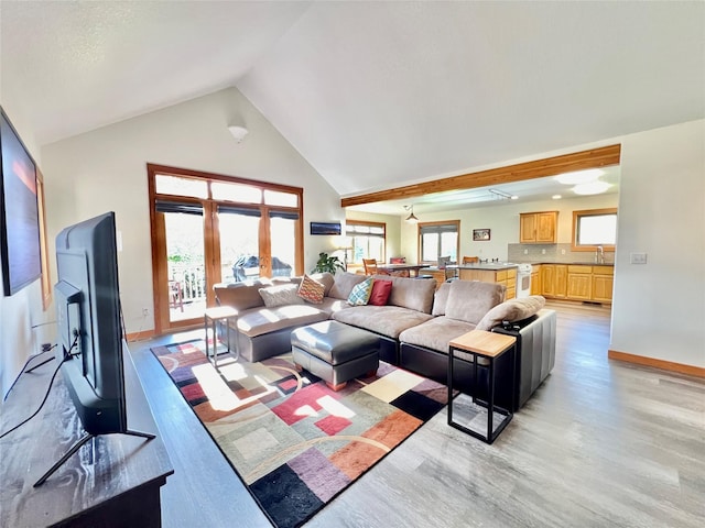 107 Crescent Lndg, Polson, MT 59860 - living room featuring baseboards, light wood finished floors, and high vaulted ceiling