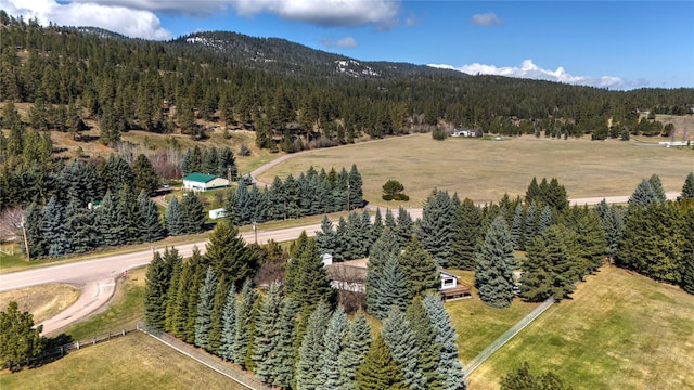 birds eye view of property with a view of trees and a mountain view