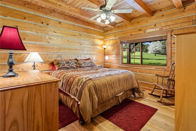 bedroom with wood ceiling, beamed ceiling, wood walls, and wood finished floors