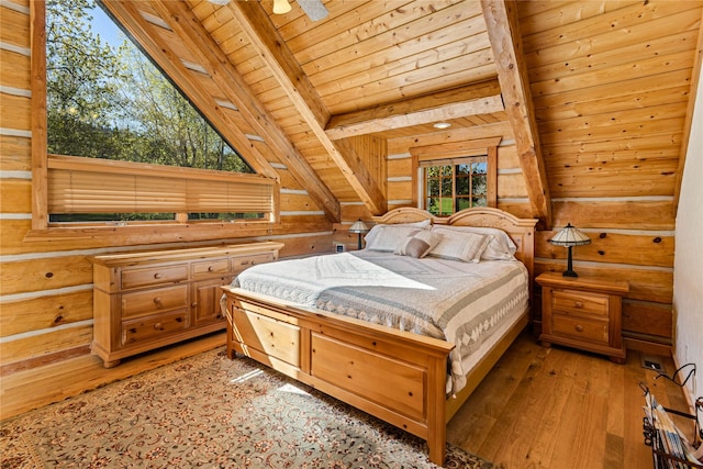 bedroom with wooden walls, beamed ceiling, wooden ceiling, and light wood-style flooring