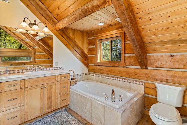 bathroom with wood ceiling, beam ceiling, vanity, and a bath