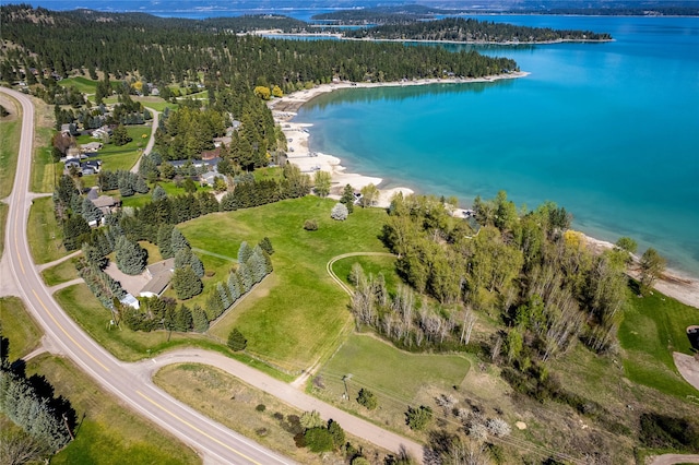 aerial view featuring a water view and a wooded view