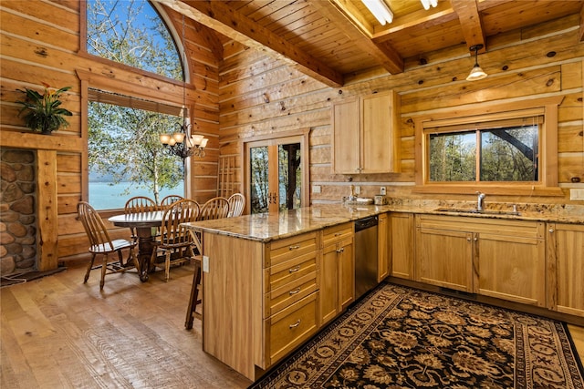 kitchen featuring wood ceiling, stainless steel dishwasher, a sink, beamed ceiling, and a peninsula