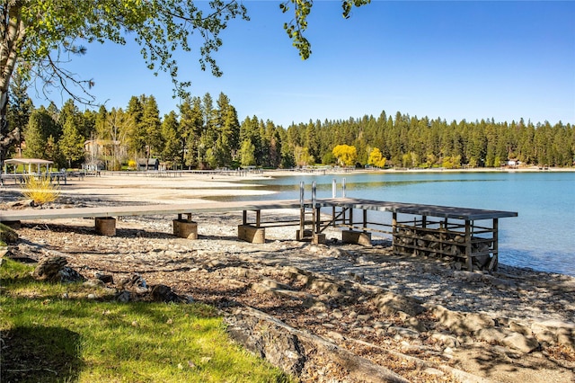 view of dock featuring a view of trees and a water view