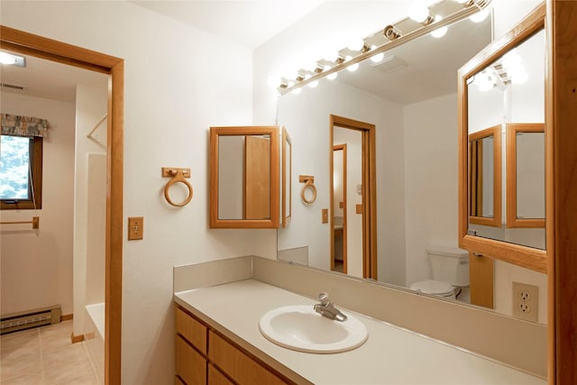 bathroom featuring visible vents, tile patterned flooring, vanity, toilet, and baseboard heating