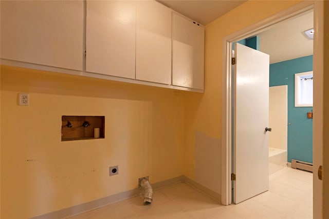 clothes washing area with washer hookup, electric dryer hookup, cabinet space, baseboards, and a baseboard radiator