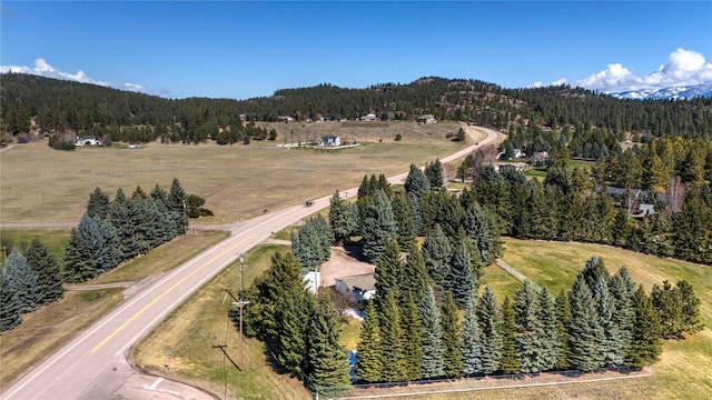 bird's eye view with a wooded view