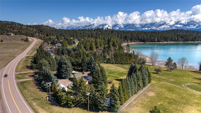 bird's eye view featuring a wooded view and a water and mountain view