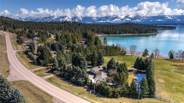 drone / aerial view featuring a water and mountain view and a forest view