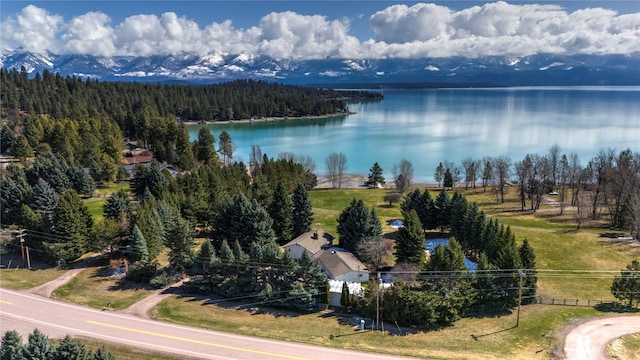 aerial view with a water and mountain view and a forest view