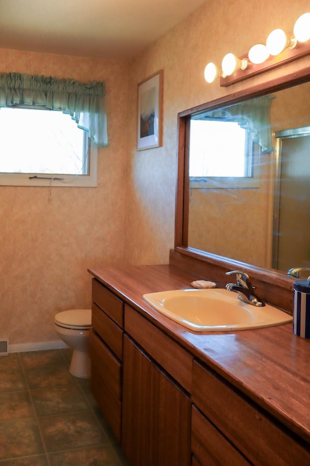 full bathroom featuring a healthy amount of sunlight, vanity, a shower stall, and toilet
