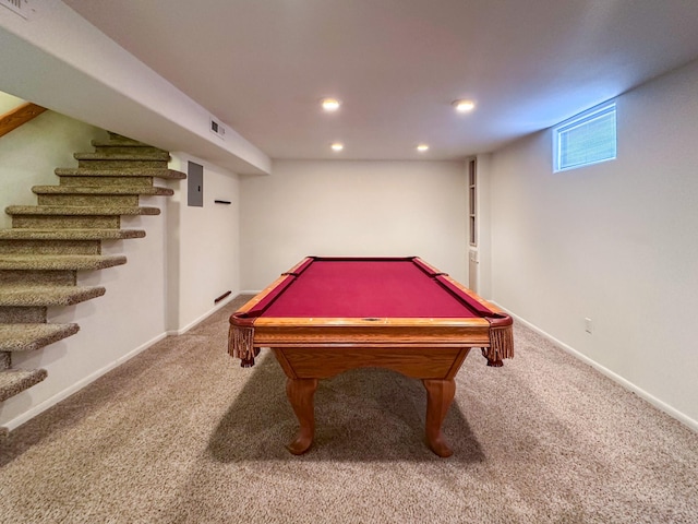 rec room featuring recessed lighting, billiards, carpet, and baseboards