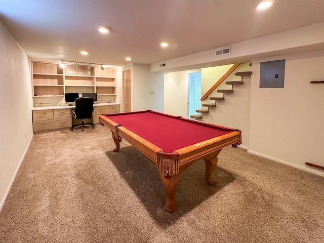 rec room with light colored carpet, recessed lighting, pool table, baseboards, and electric panel