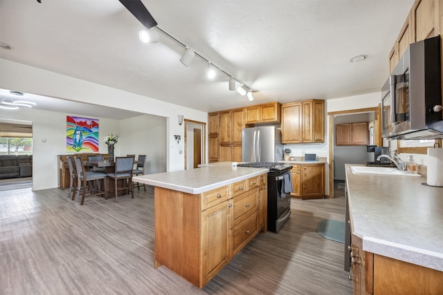 kitchen with a sink, light countertops, stainless steel appliances, and light wood finished floors