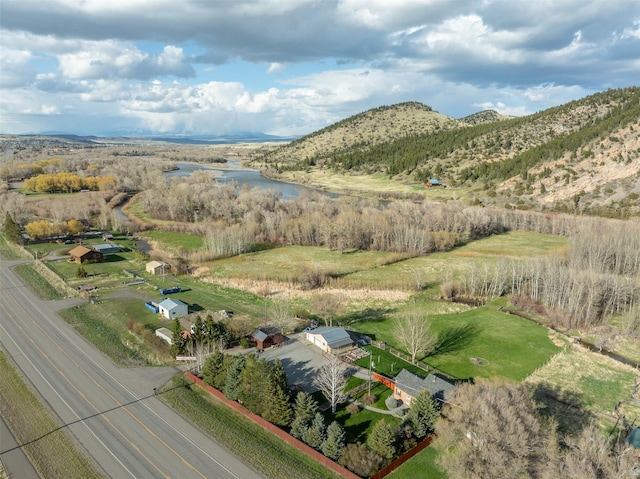 birds eye view of property featuring a water and mountain view